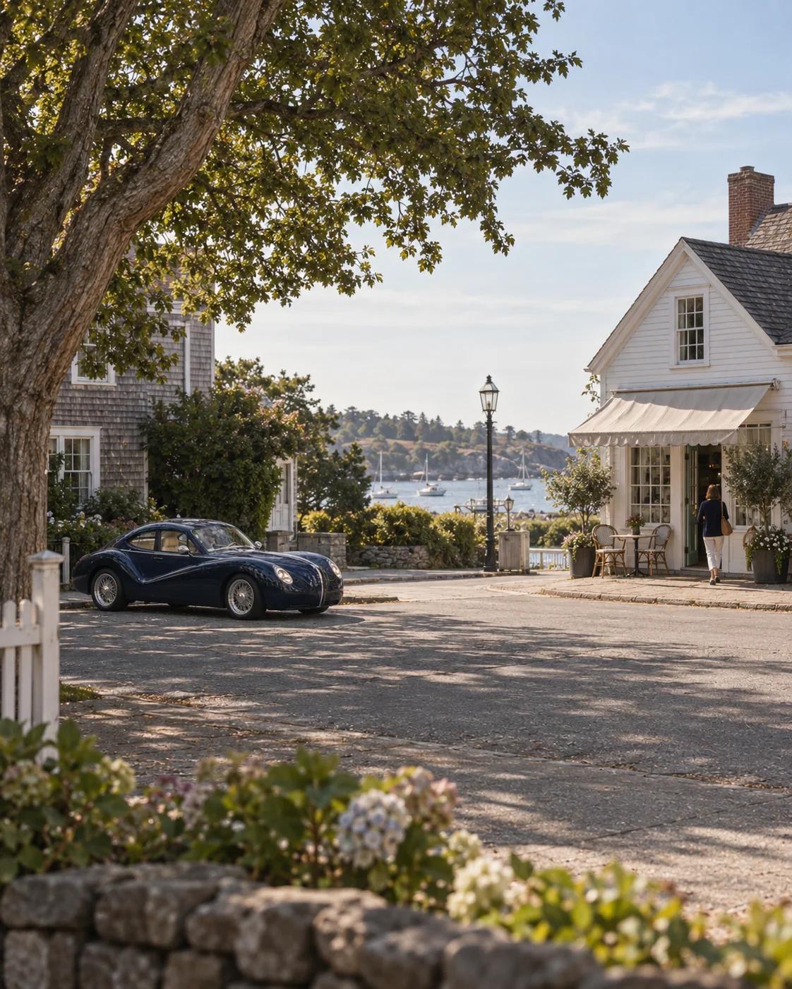 Blue Model O1 in a coastal town