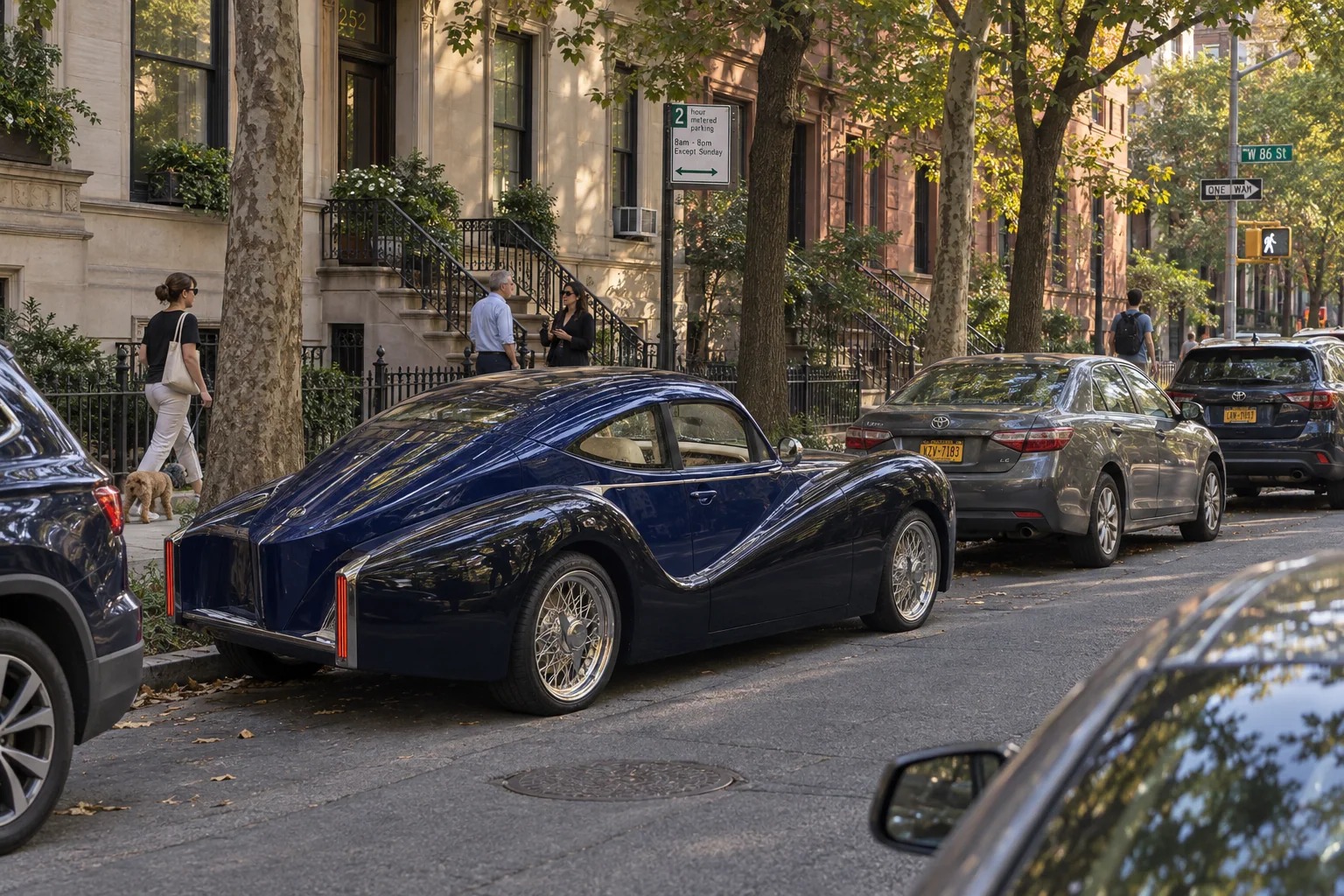 Blue Olympian Model O1 on a tree-lined New York street